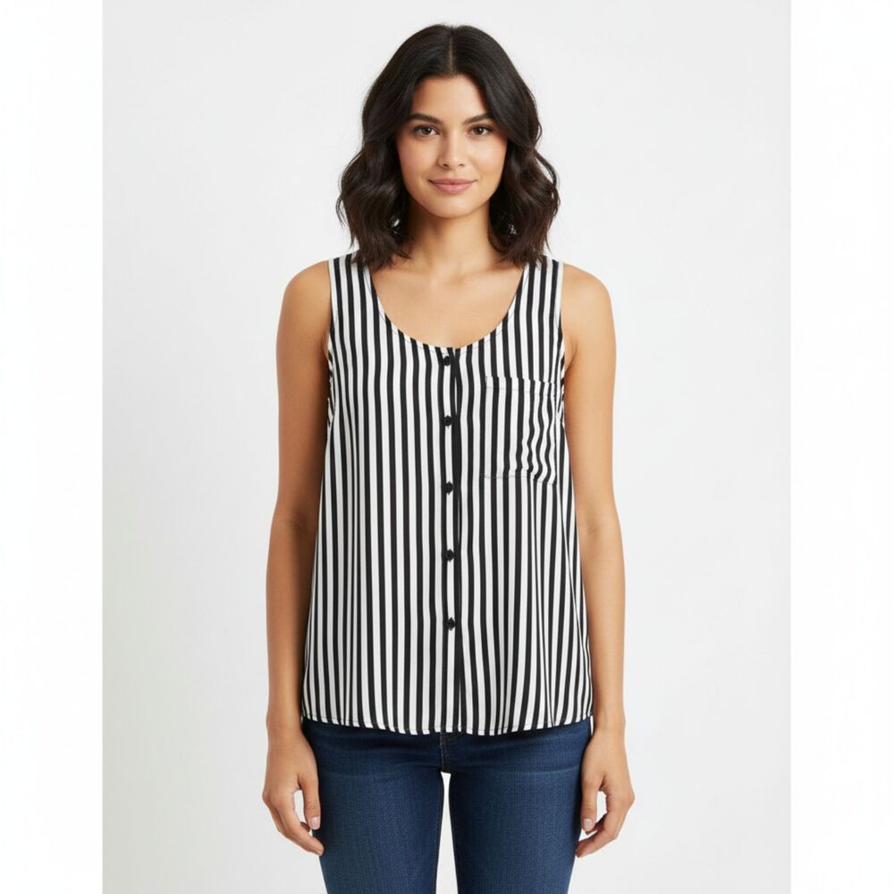 Forever 21 Black & White Striped Semi Sheer Sleeveless Scoopneck Top M
